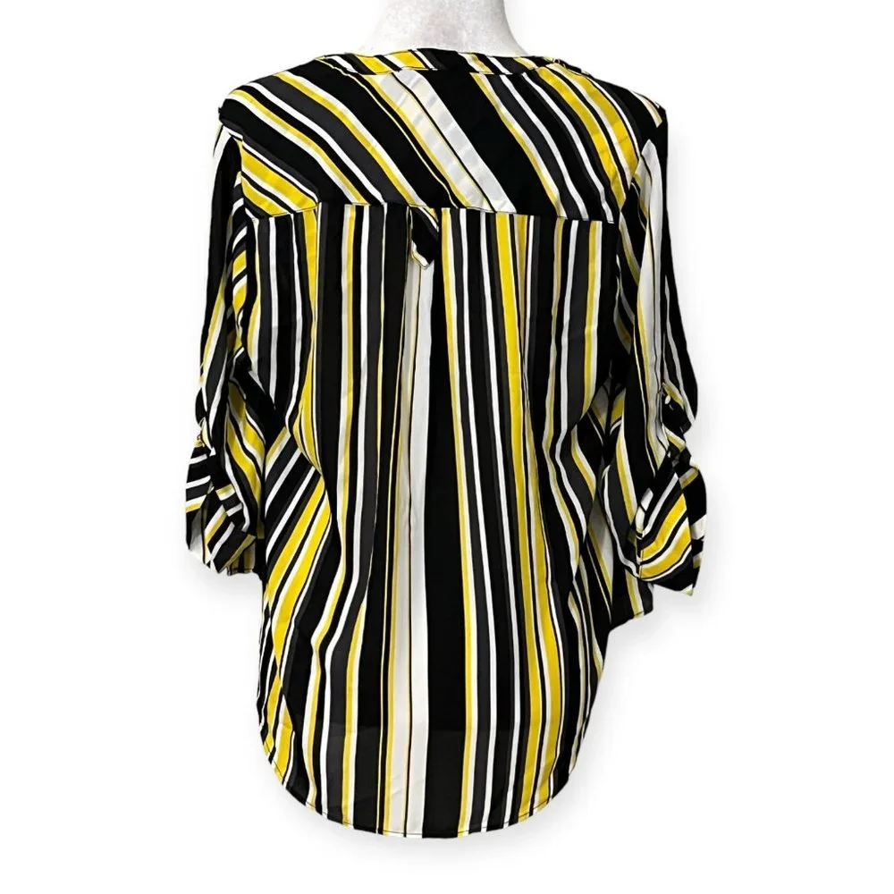 Torrid Women's Top Yellow Black Stripes 3/4 Sleeve Size M/L Blouse Half Button - Picture 2 of 7